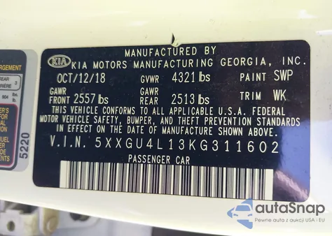 2019 Kia Optima Ex from USA, damaged, VIN 5XXGU4L13KG311602